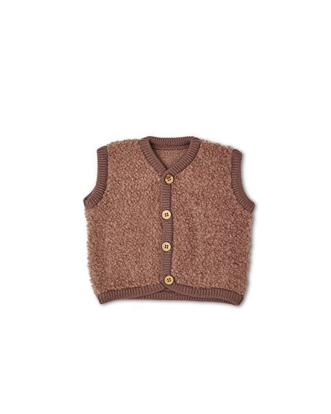 Smallstuff - Bruine Vest van Bouclé Merinowol met Knopen.