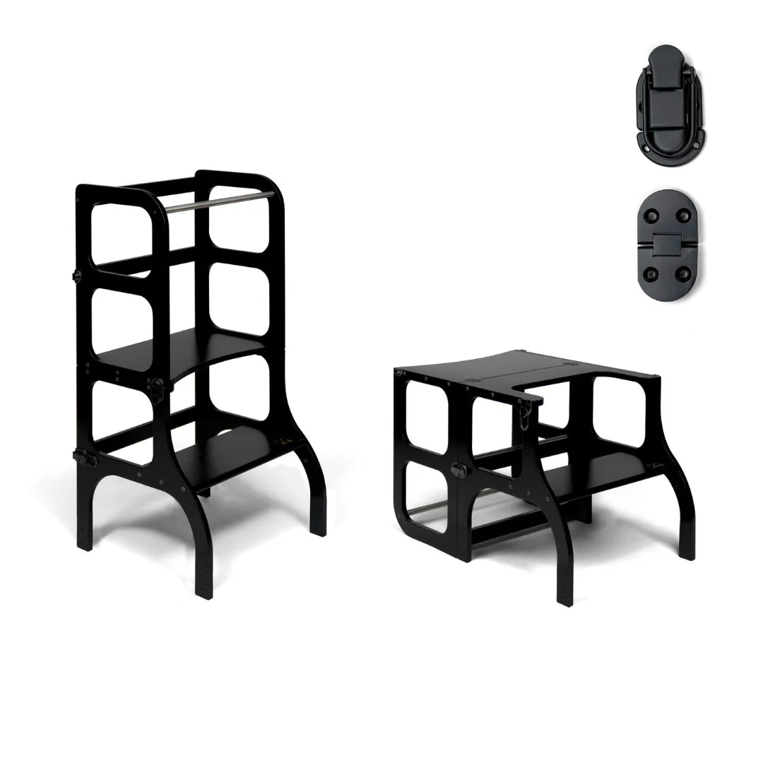 STEP’n’SIT • 2 in 1 leertoren-tafel zwart | met zwarte sluitingen