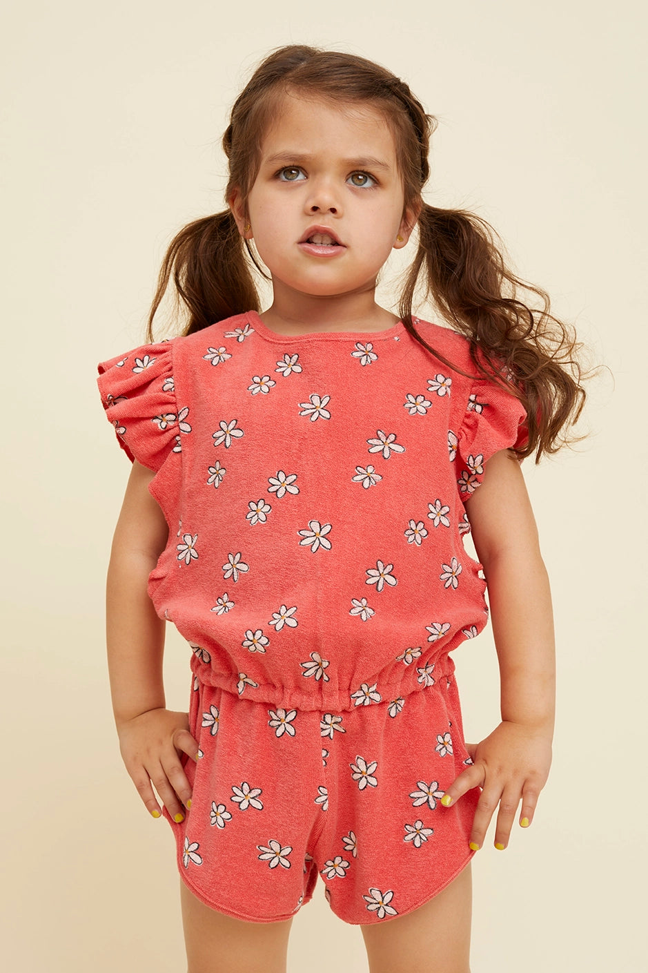RUFFLE TERRY JUMPSUIT DAISIES PRINT