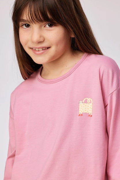 Roze pyjama met sweater en gestreepte broek in rekbaar katoen