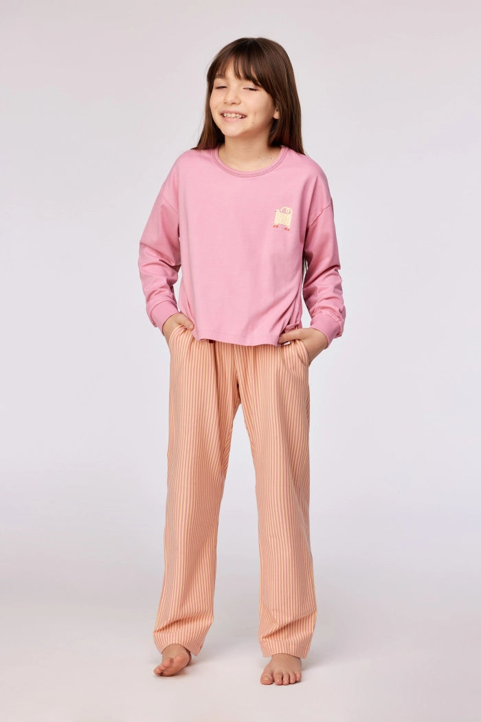 Roze pyjama met sweater en gestreepte broek in rekbaar katoen