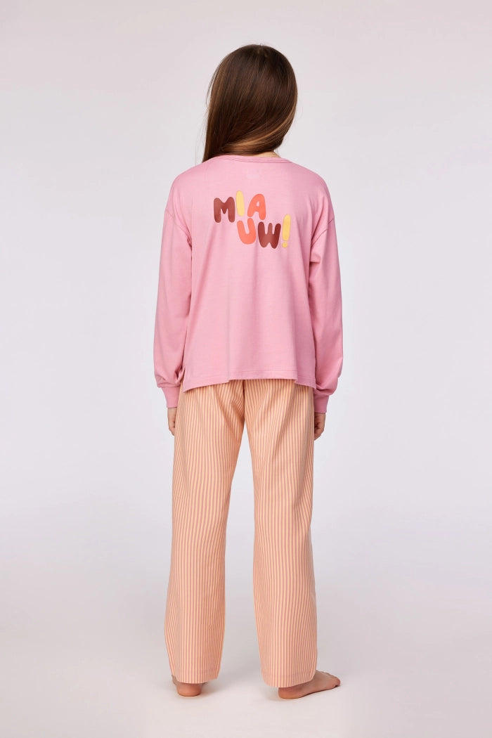 Roze pyjama met sweater en gestreepte broek in rekbaar katoen