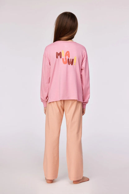 Roze pyjama met sweater en gestreepte broek in rekbaar katoen