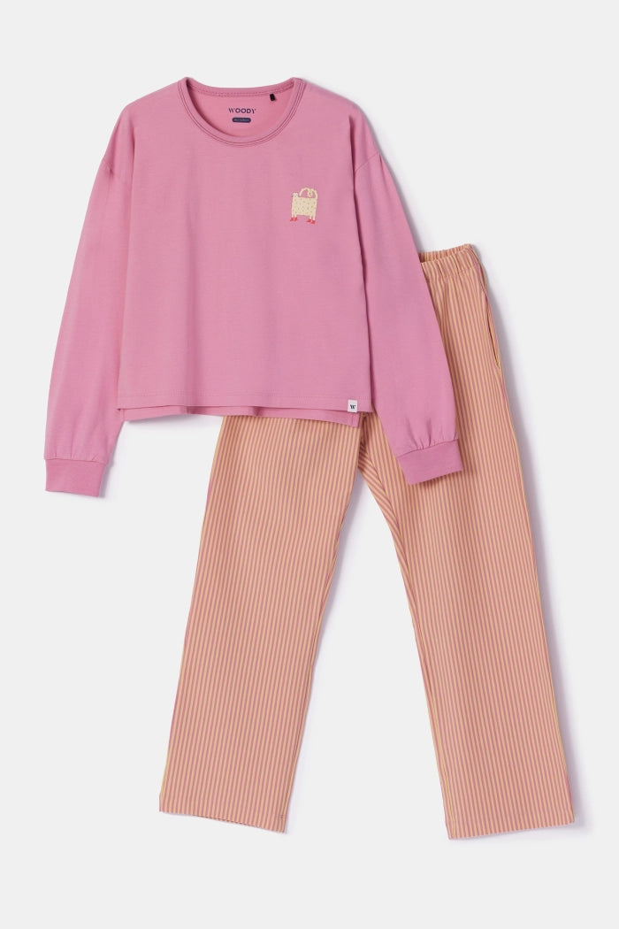 Roze pyjama met sweater en gestreepte broek in rekbaar katoen